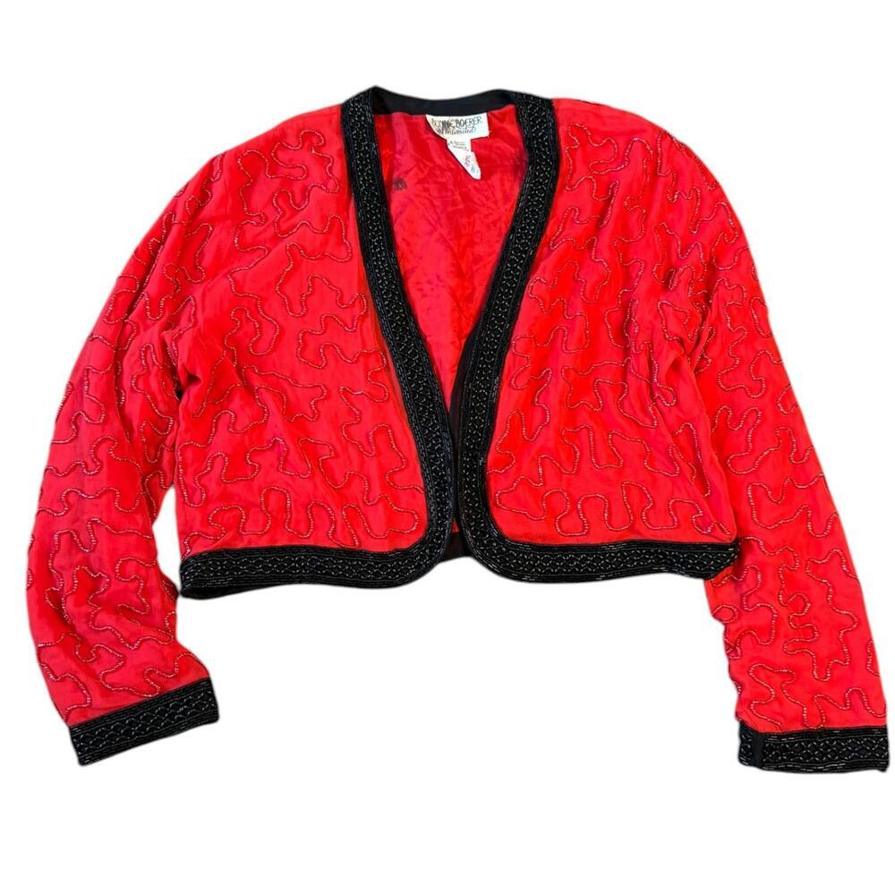 BONNIE BOERER Unlimited Red Silk Beaded Jacket Black Trim Vintage Medium